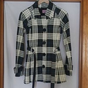 Plaid black, cream, and blue jacket